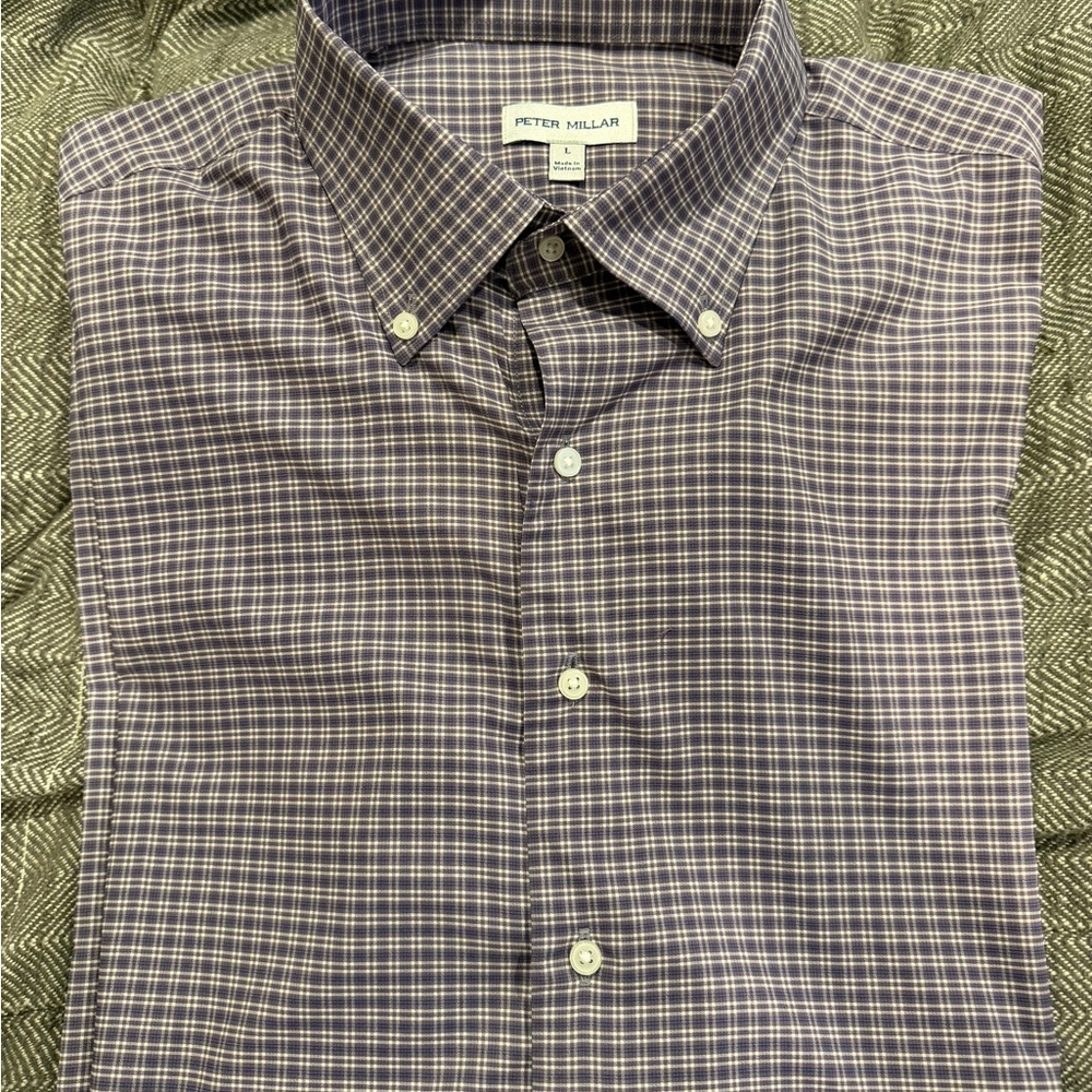 Peter Millar Purple and White Plaid Button-Down Dress Shirt